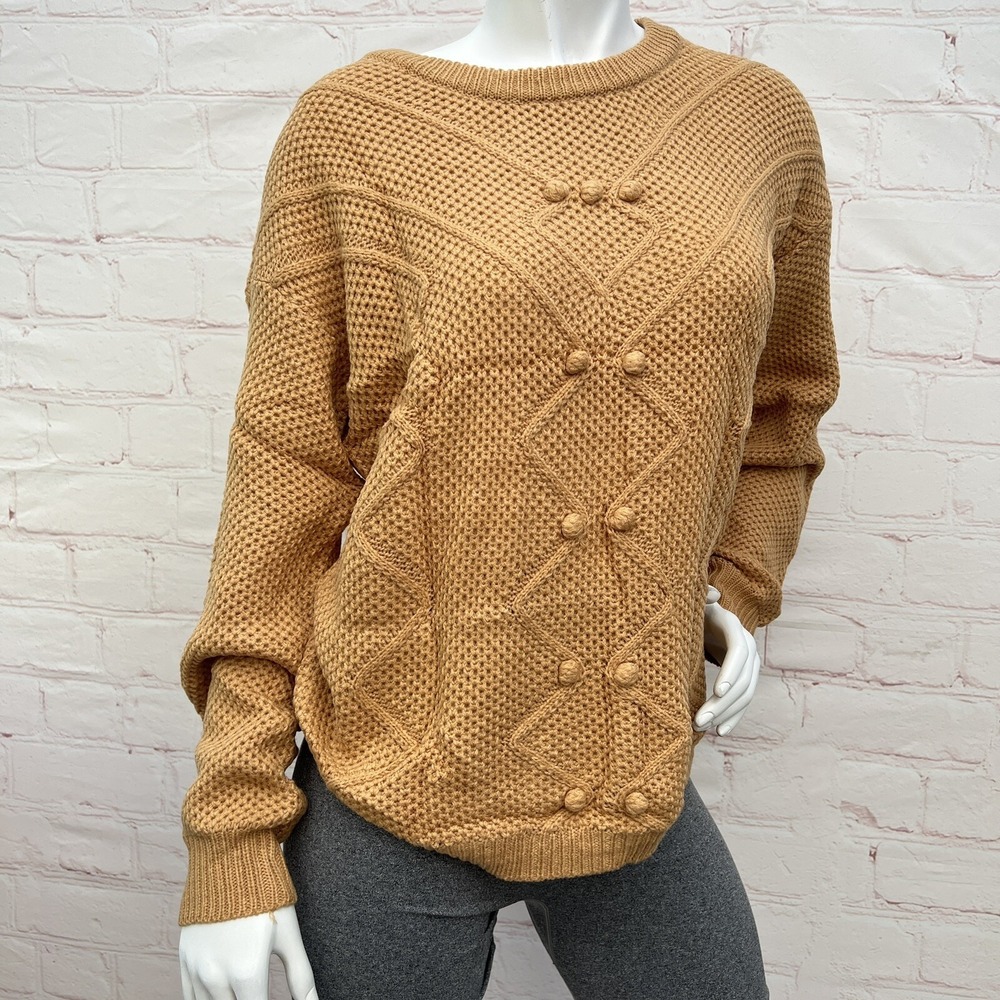Women's Pullover Crochet Sweater Long Sleeve Crew Neck Khaki Size XL